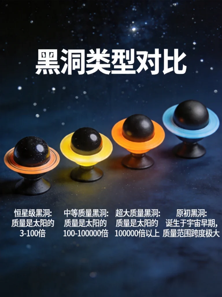 四种黑洞类型对比图，从恒星级到超大质量黑洞的尺寸递增展示