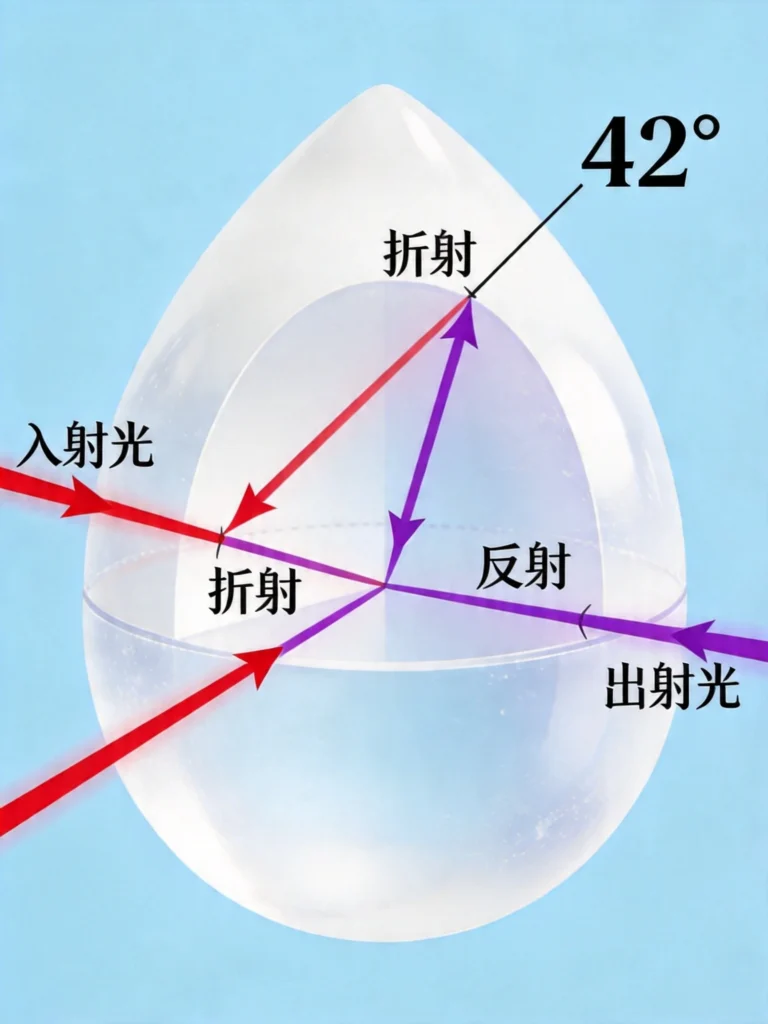展示光线在水滴中折射反射形成42度彩虹角的光学路径示意图