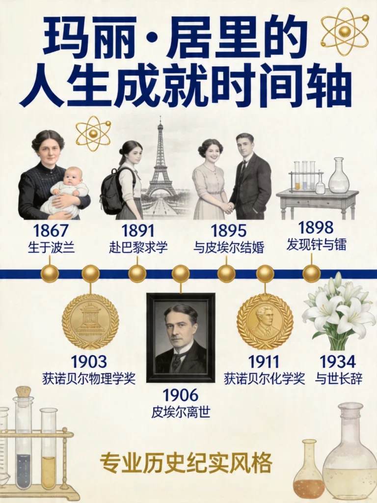 展示居里夫人从出生到两次诺贝尔奖的人生成就时间线