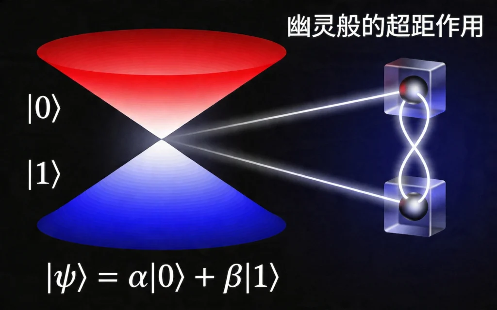 展示量子叠加态概率波与两个纠缠量子比特远程连接的科学示意图