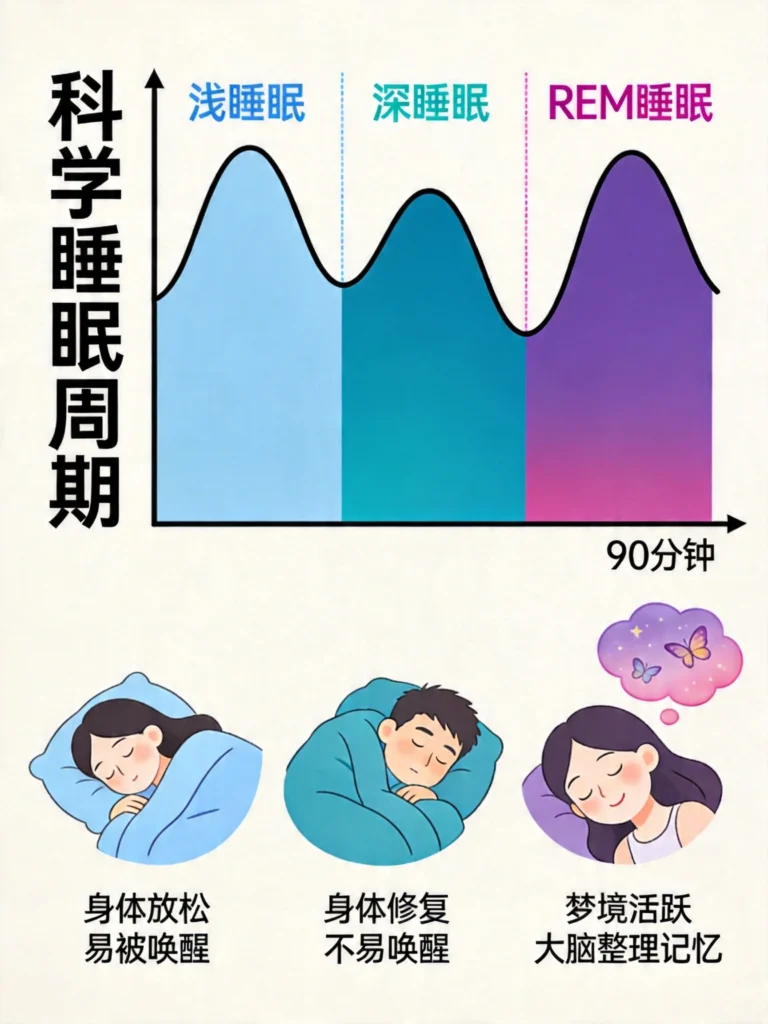 展示浅睡眠、深睡眠与REM睡眠周期循环的波形图