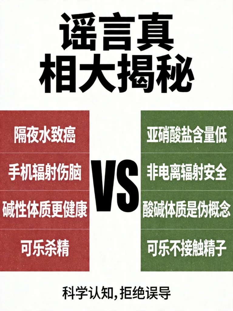 谣言vs真相对比表格，红绿双色展示四个常见说法的真伪