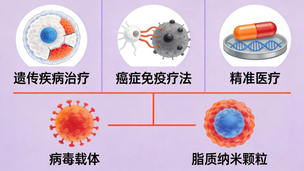 CRISPR三大医学应用领域，紫橙配色科普教育风格