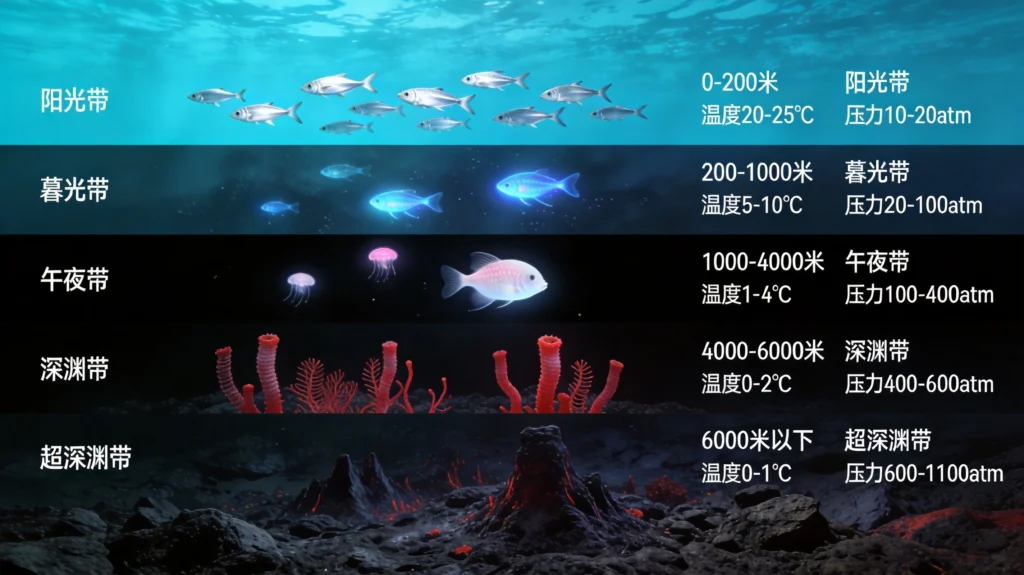 海洋五层垂直分层剖面图，青蓝深黑科普教育风格