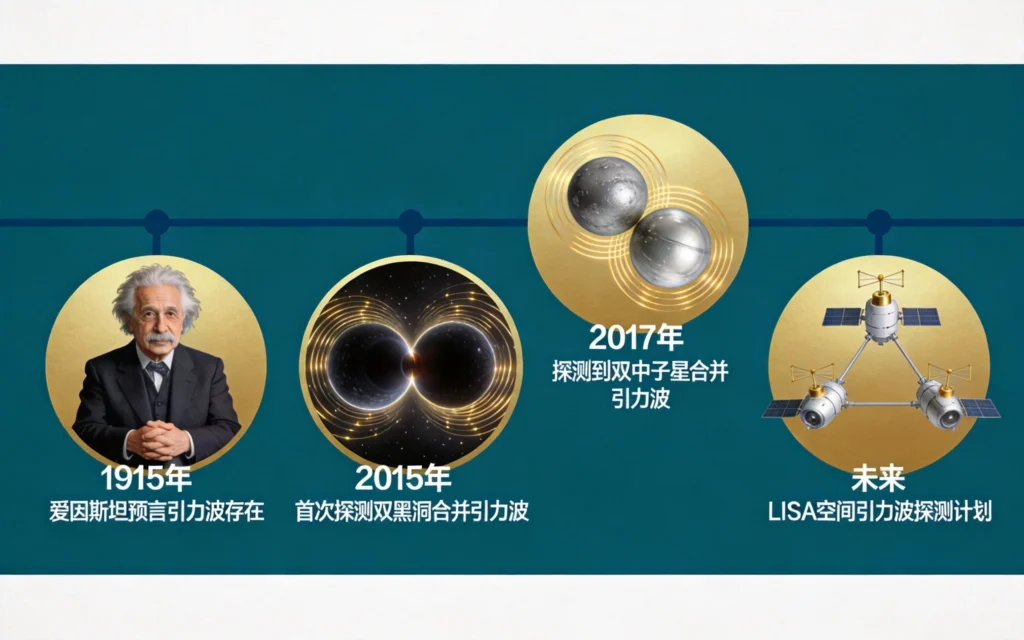 引力波探测里程碑时间轴，深青金色科普教育风格
