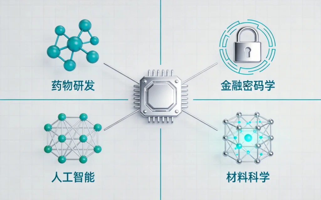 量子计算四大应用场景，青绿银白信息图表风格