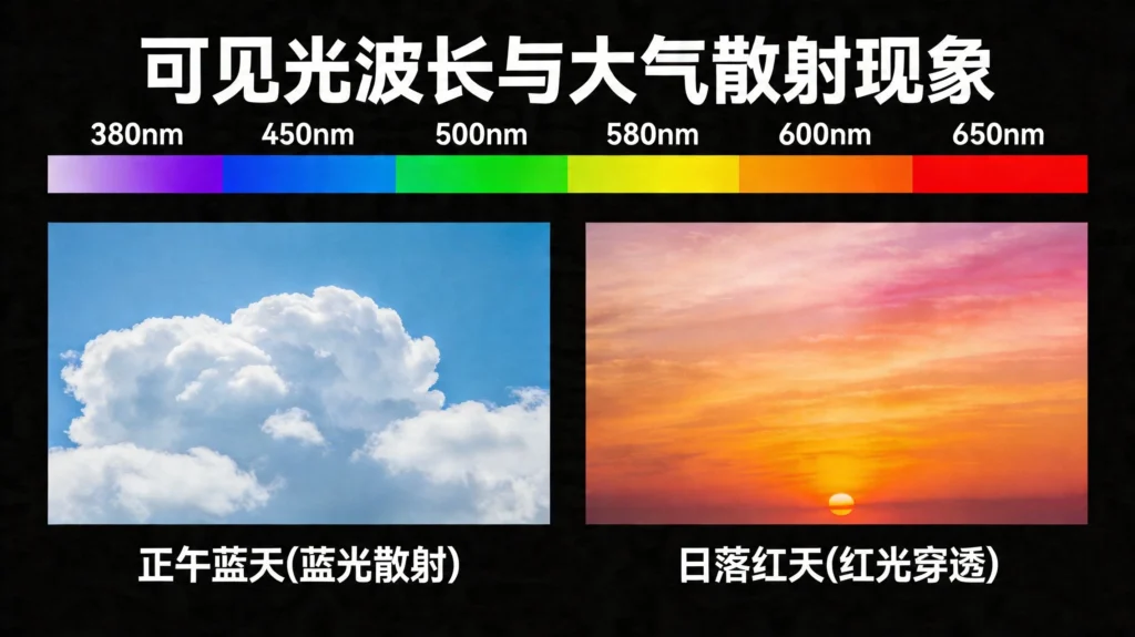 波长颜色光谱图，展示从紫到红的光谱与正午蓝天、日落红天的对比